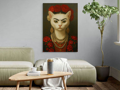 Detailaufnahme des Acrylgemäldes Frida Miau, das die verspielte Hommage an Frida Kahlo zeigt.