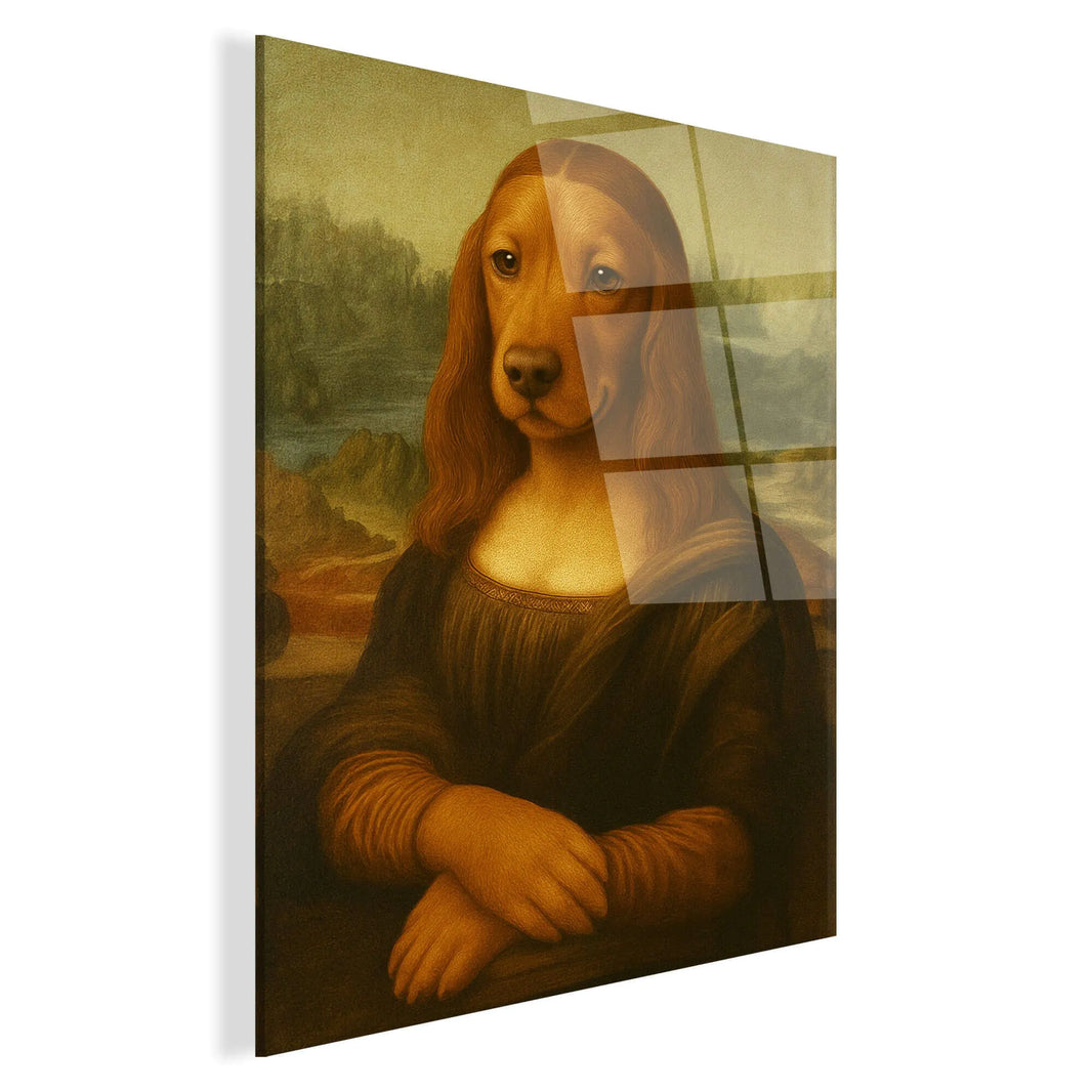 Nahaufnahme von Acrylbild Die Cagno Lisa, modernes Kunstwerk auf hochglänzendem Methacrylat, das durch brillante Farben und modernes Design besticht.