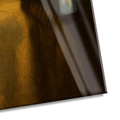 Detailaufnahme des Acrylgemäldes Die Ragatta mit dem Perlenohrring, poliertes Finish und lebendige Farben.