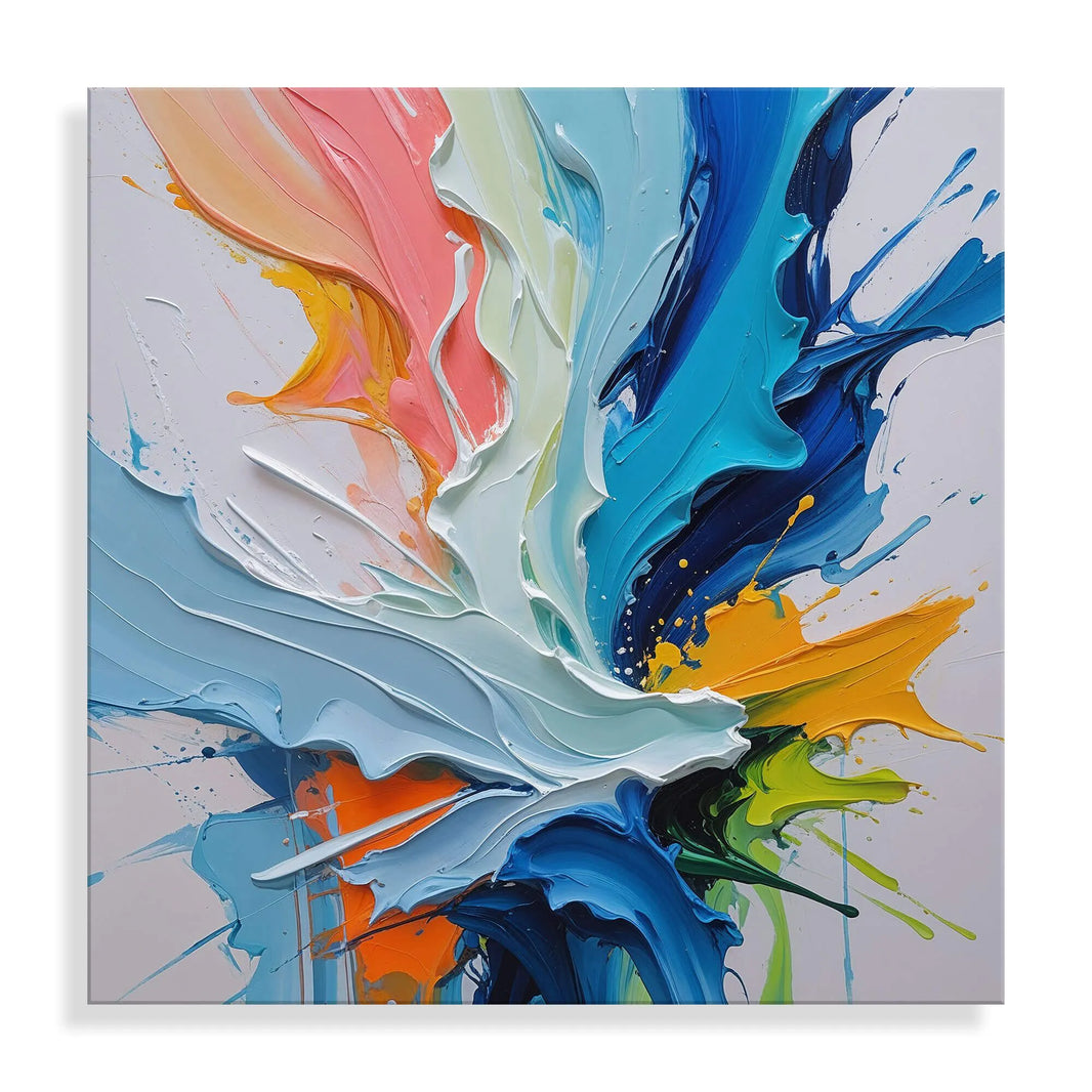 Modernes Acrylbild 'Unterbrochener Fluss' auf glänzendem Methacrylat-Panel - Abstrakte Kunst, die lebendige Farben und dynamische Design-Elemente zeigt.