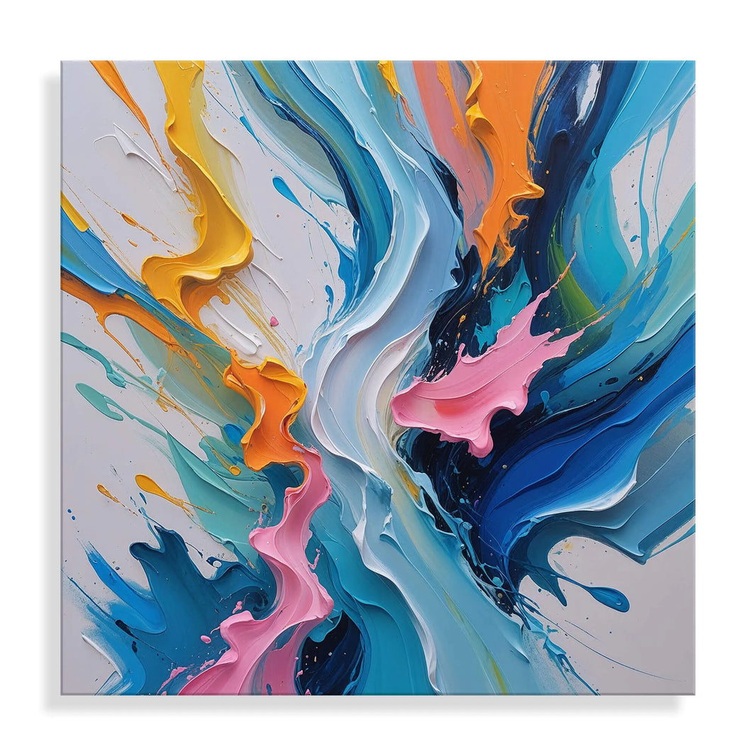 Acrylbild "Vibrierender Fluss" - modernes Kunstwerk auf glänzendem Methacrylat-Panel, strahlende Farben und zeitgemäße Ästhetik, ideal für Wohnräume und Büros.
