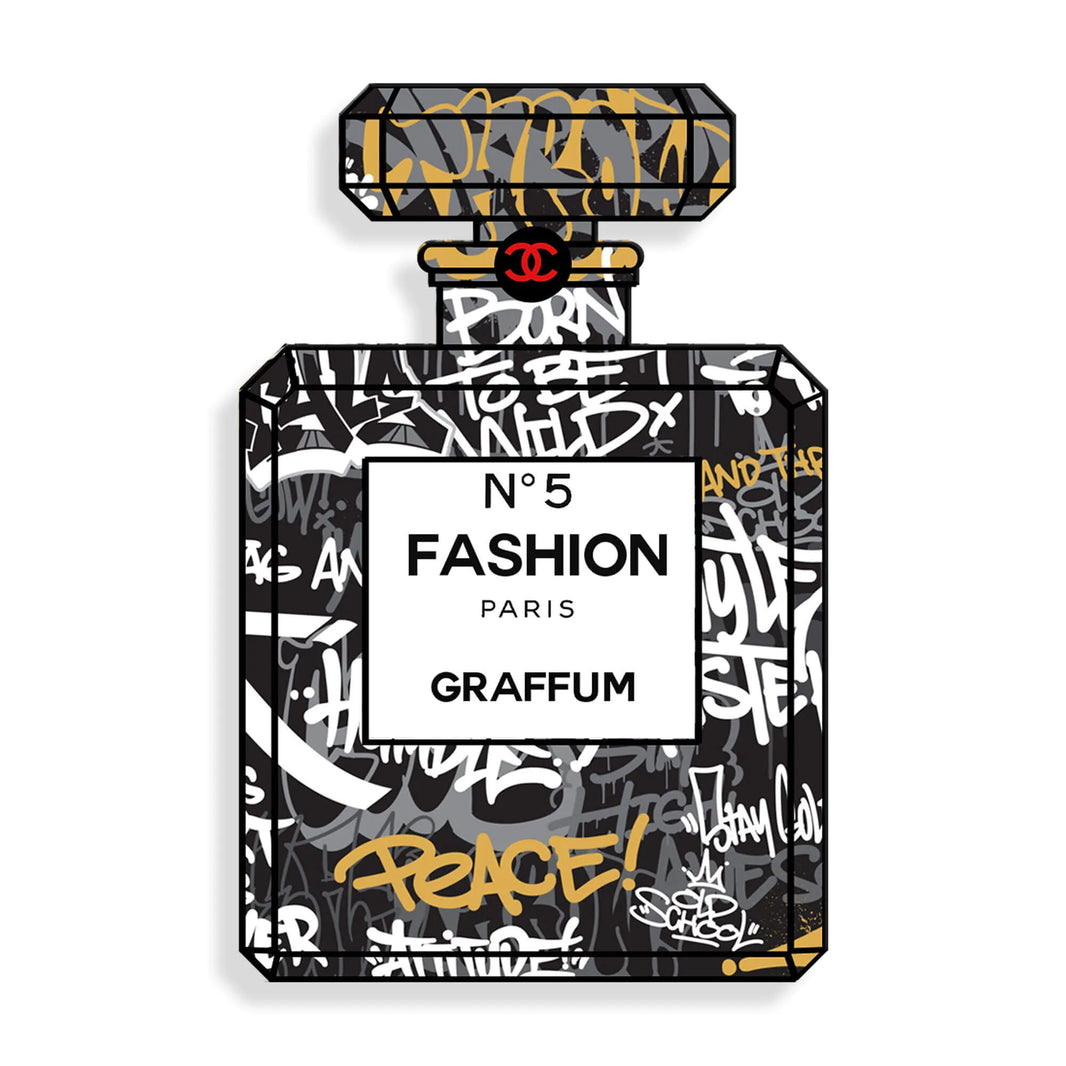 Acrylbild Parfümflasche Graffum von Paolo & Edgar – modernes Design aus mehrfarbigen Methacrylat, ideal für zeitgenössische Wohnräume.