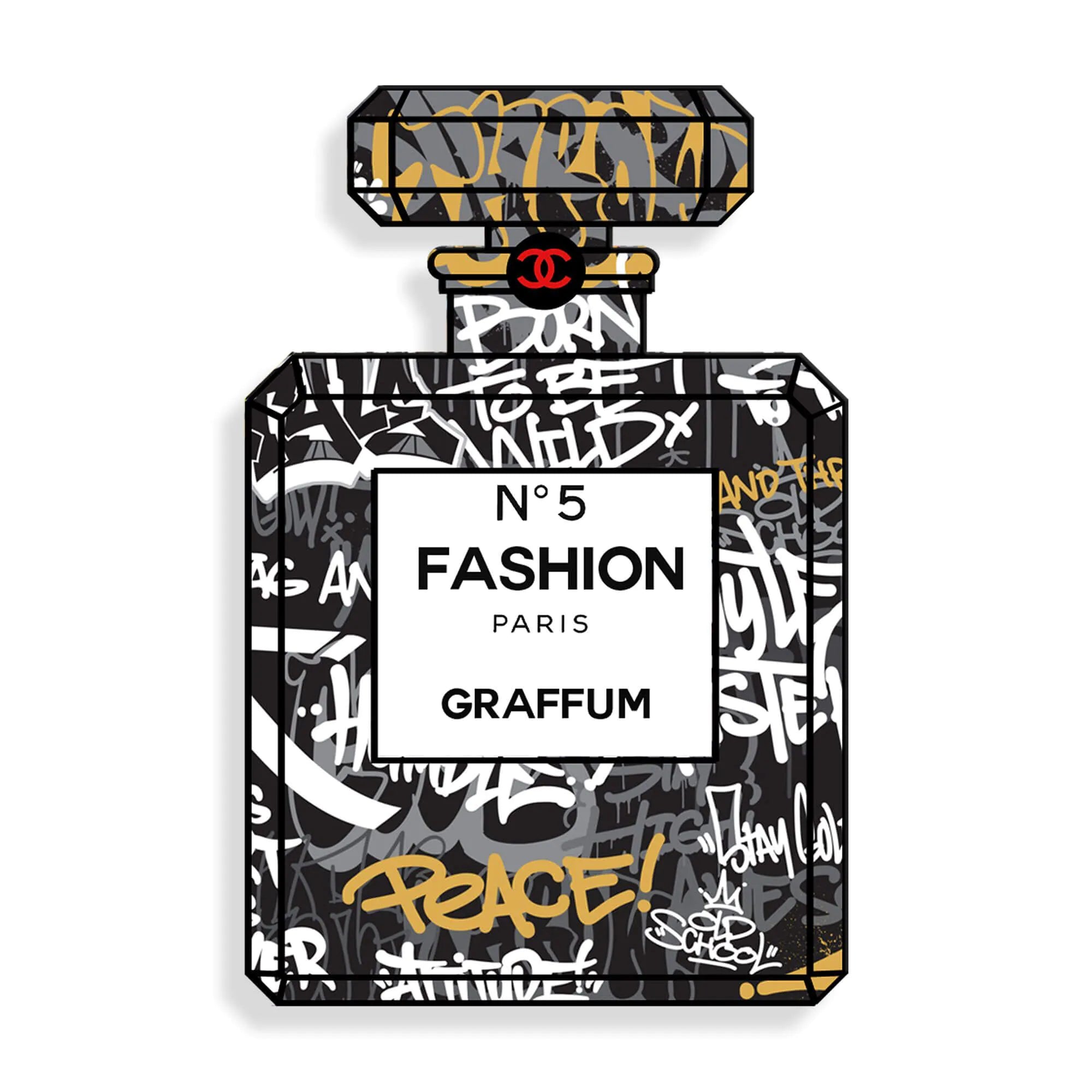 Acrylbild Parfümflasche Graffum von Paolo & Edgar – modernes Design aus mehrfarbigen Methacrylat, ideal für zeitgenössische Wohnräume.