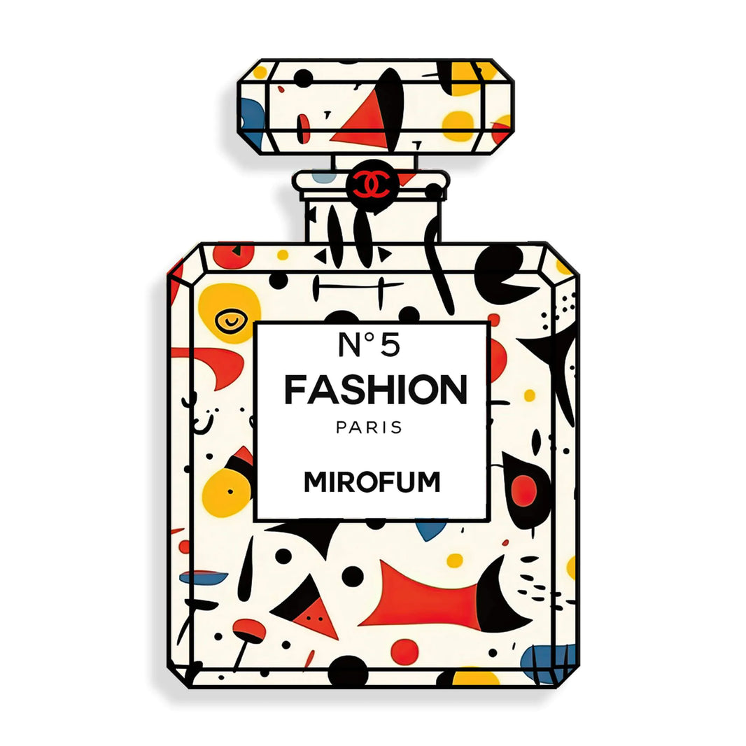 Modernes Acrylbild Parfümflasche Mirofum - Mehrfarbiger Quadrodruck aus Poliertem Methacrylat, ideal für stilvolle Wohnräume und als Geschenk für Kunstliebhaber.