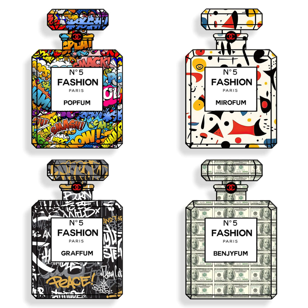 Acrylgemälde Parfümflaschen-Kit – 4 polierte Methacrylat-Panels Made in Italy mit modernem Design, zeigt vier kreativ gestaltete Parfümflaschen in verschiedenen Farben und Mustern.