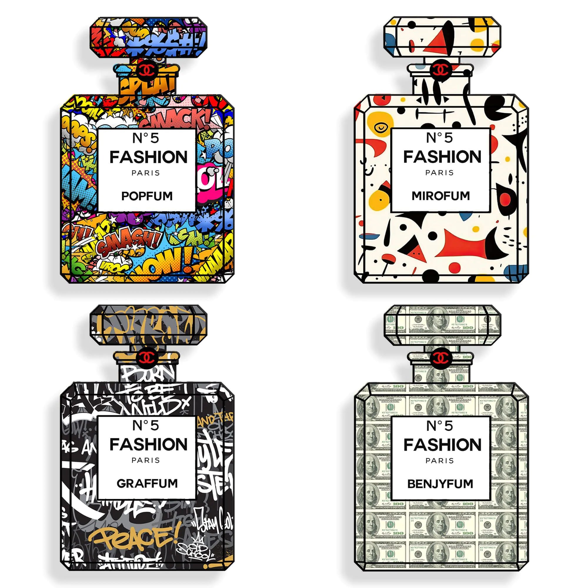 Acrylgemälde Parfümflaschen-Kit – 4 polierte Methacrylat-Panels Made in Italy mit modernem Design, zeigt vier kreativ gestaltete Parfümflaschen in verschiedenen Farben und Mustern.