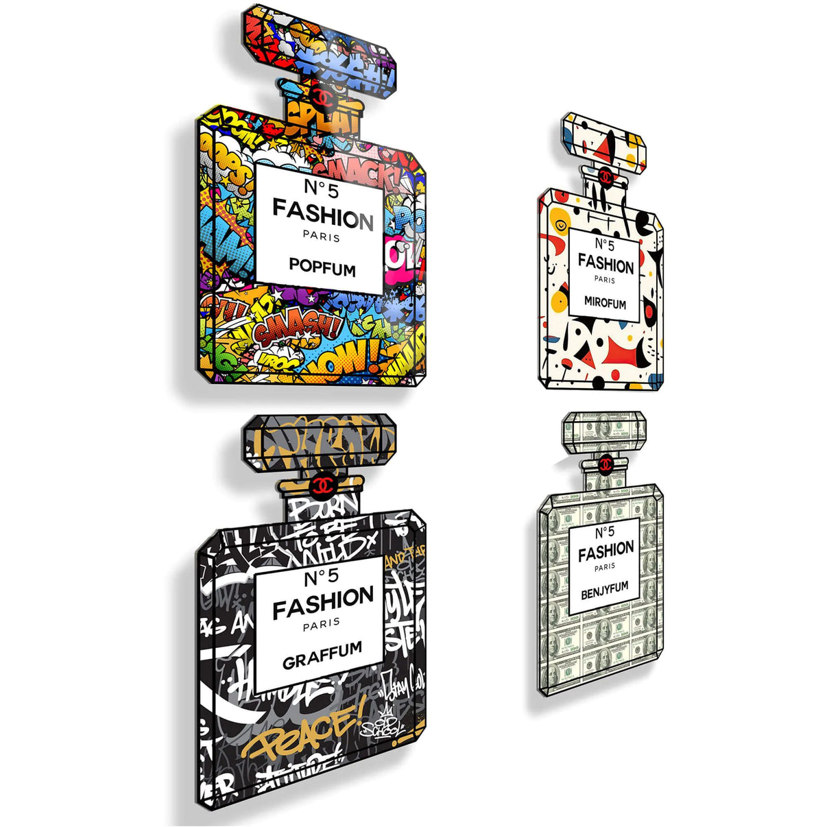 Acrylgemälde Parfümflaschen-Kit – 4 Polierte Methacrylat-Panels Made in Italy, modernes Design, mit kreativen Graffiti inspirierten Parfümflaschen in einer Wandansicht.
