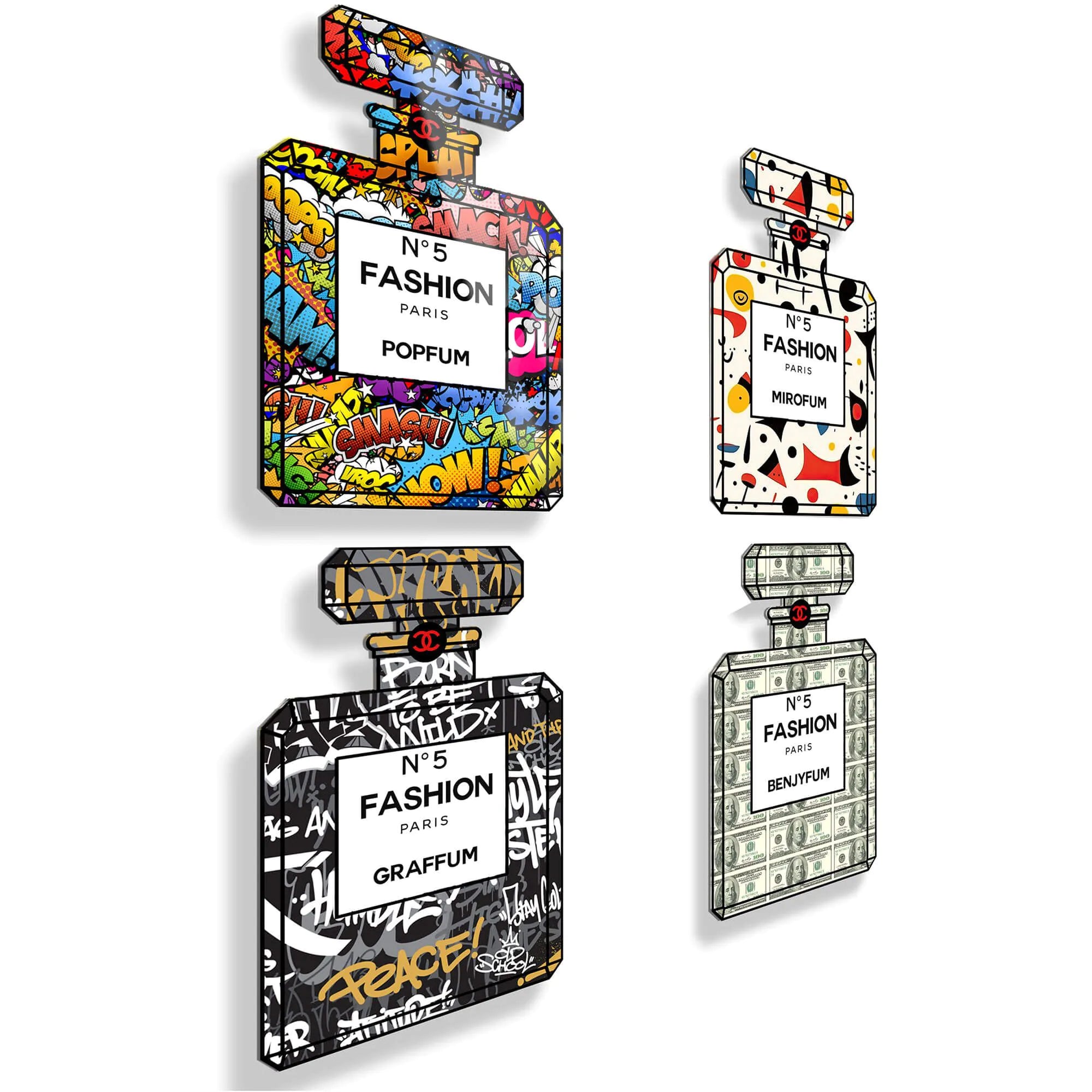 Acrylgemälde Parfümflaschen-Kit – 4 Polierte Methacrylat-Panels Made in Italy, modernes Design, mit kreativen Graffiti inspirierten Parfümflaschen in einer Wandansicht.