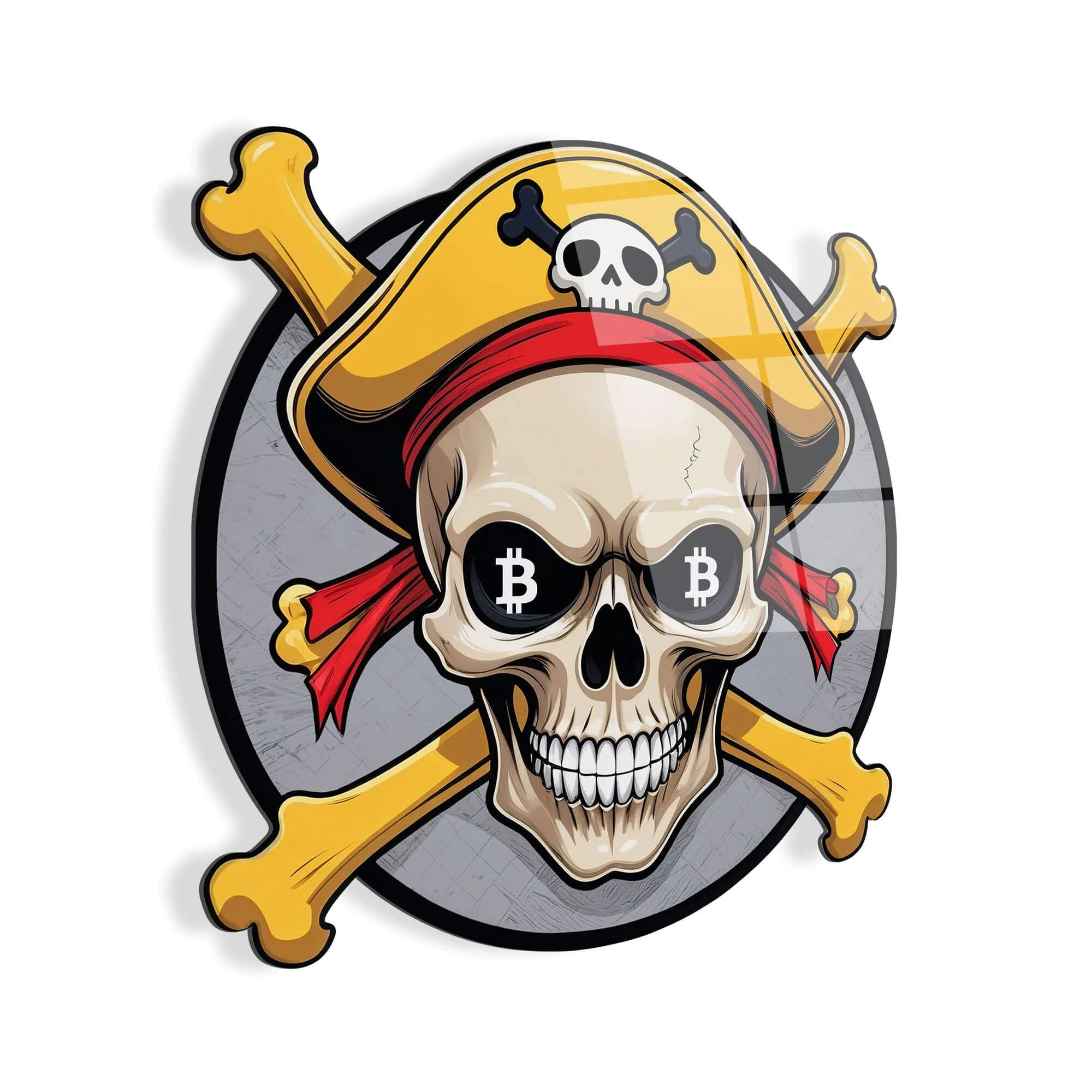 Detailansicht des handgefertigten modernen Acrylgemäldes mit Piraten-Symbol - 50x50cm in mehrfarbigen Tönen, das lebendige Farben und eine ansprechende Piratenschädelillustration präsentiert.