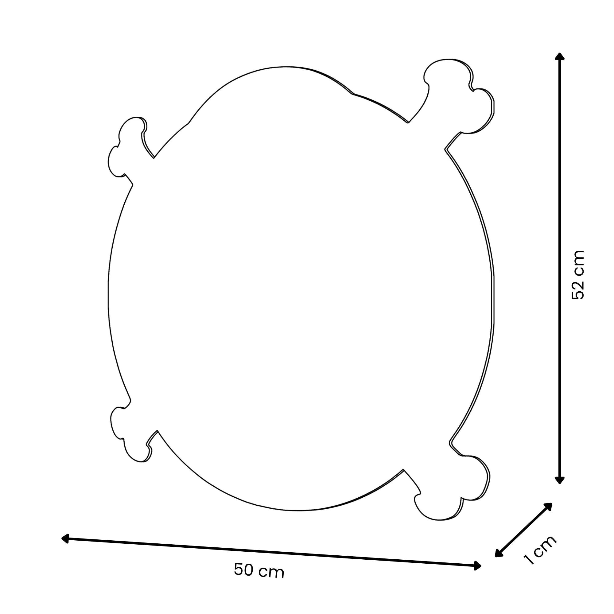 Maßzeichnung des handgefertigten modernen Acrylgemäldes mit Piraten-Symbol - 50x50cm, die die Rundungen und Abmessungen von 50cm Breite und 52cm Höhe beschreibt.