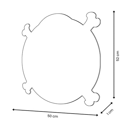 Maßzeichnung des handgefertigten modernen Acrylgemäldes mit Piraten-Symbol - 50x50cm, die die Rundungen und Abmessungen von 50cm Breite und 52cm Höhe beschreibt.