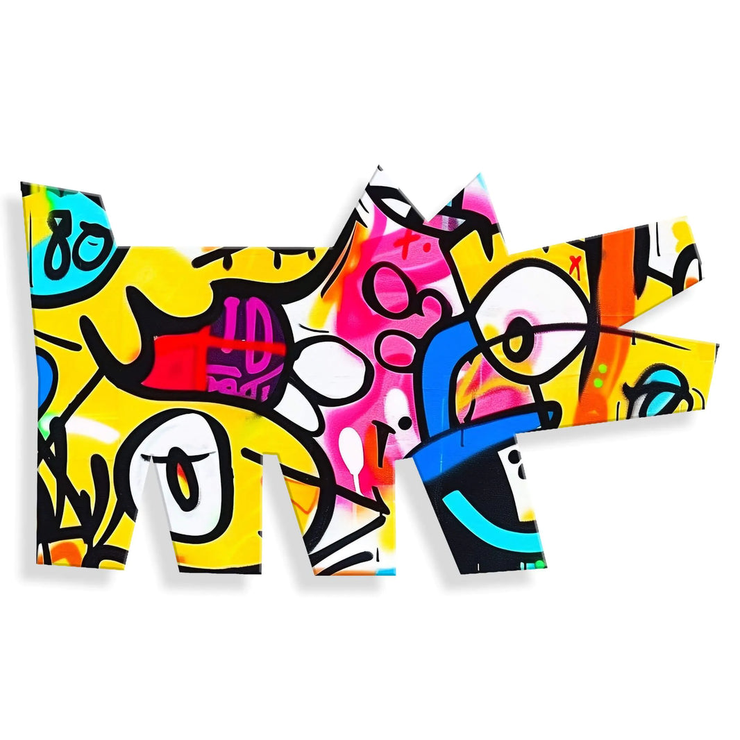 Geometrischer Hund Acrylgemälde – Modernes Graffiti Kunstwerk auf Methacrylat, das lebendige Farben und kreativen Stil verkörpert.