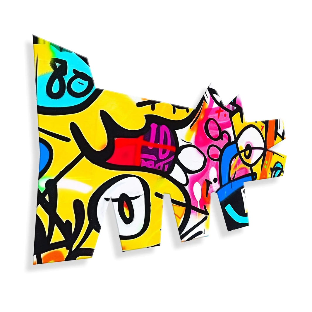 Detailaufnahme des Geometrischen Hund Acrylgemäldes, das die hochwertige Verarbeitung und das glänzende Finish auf Methacrylat zeigt.