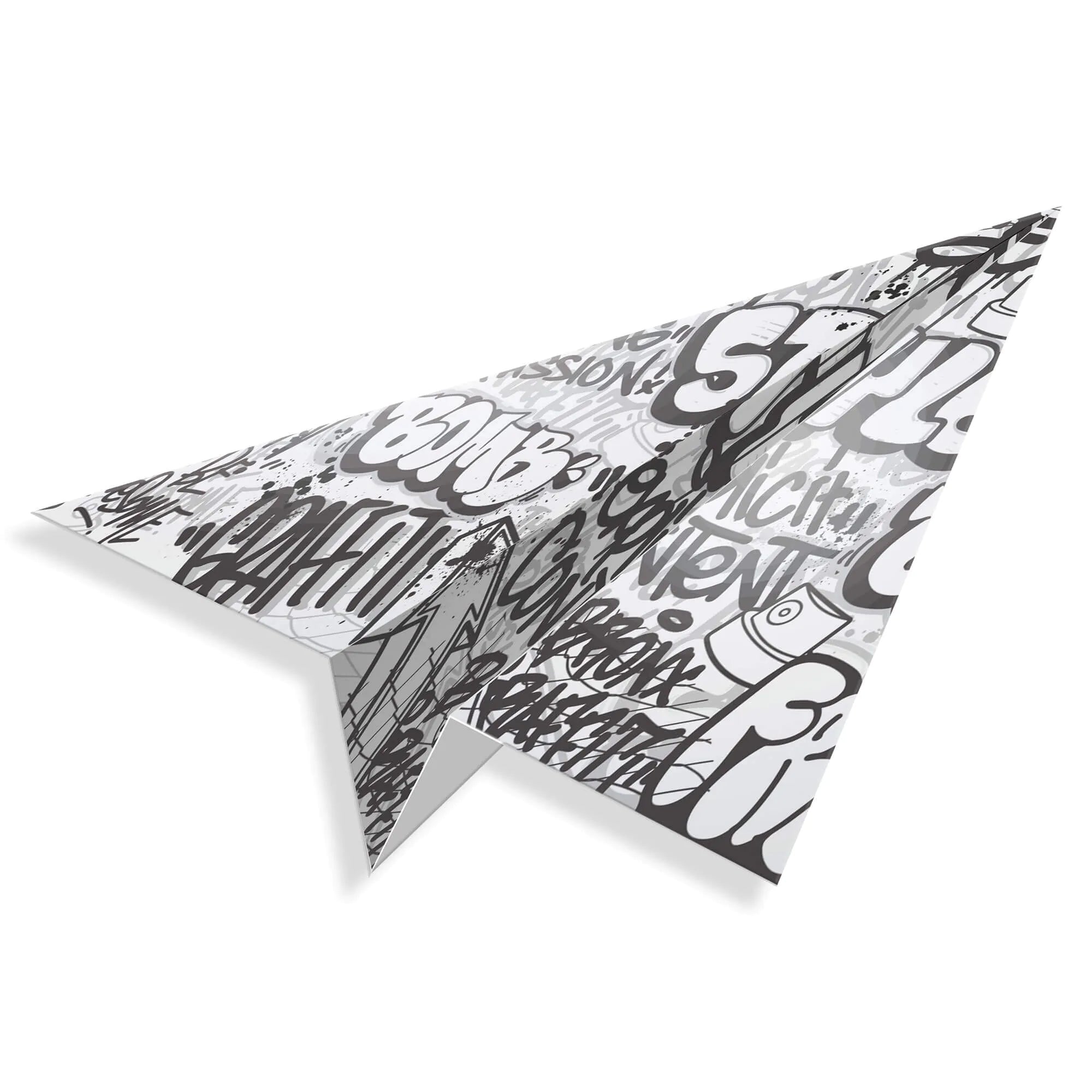 Acrylgemälde Papierflugzeug - modernes Graffiti Design aus glänzendem Methacrylat mit urbanem Schriftmotiv, 70 x 33 cm, ideal für moderne Raumgestaltung.