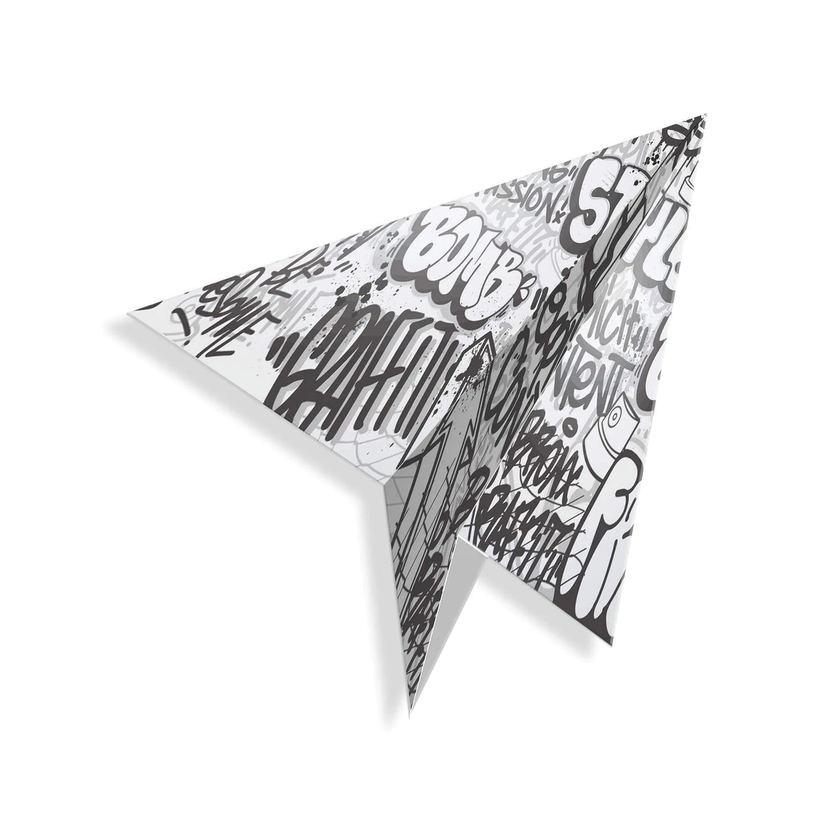 Seitenansicht des Acrylgemälde Papierflugzeug - modernes Graffiti Design aus glänzendem Methacrylat, betont die dreidimensionale Form und das dynamische Design, 70 x 33 cm.