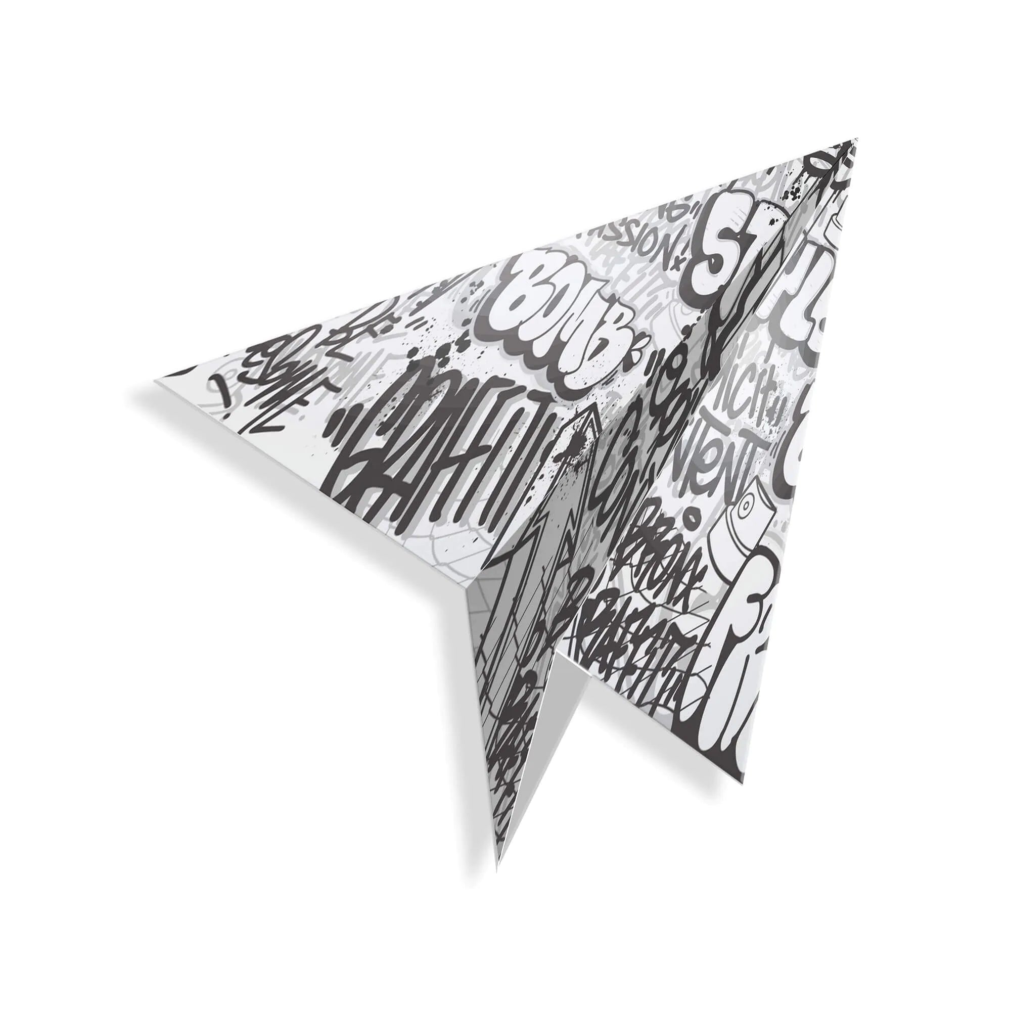 Seitenansicht des Acrylgemälde Papierflugzeug - modernes Graffiti Design aus glänzendem Methacrylat, betont die dreidimensionale Form und das dynamische Design, 70 x 33 cm.