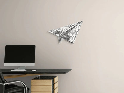 Acrylgemälde Papierflugzeug - modernes Graffiti Design aus glänzendem Methacrylat, dekoriert an einer Wand über einem Schreibtisch, 70 x 33 cm, perfekt für kreative Arbeitsbereiche.