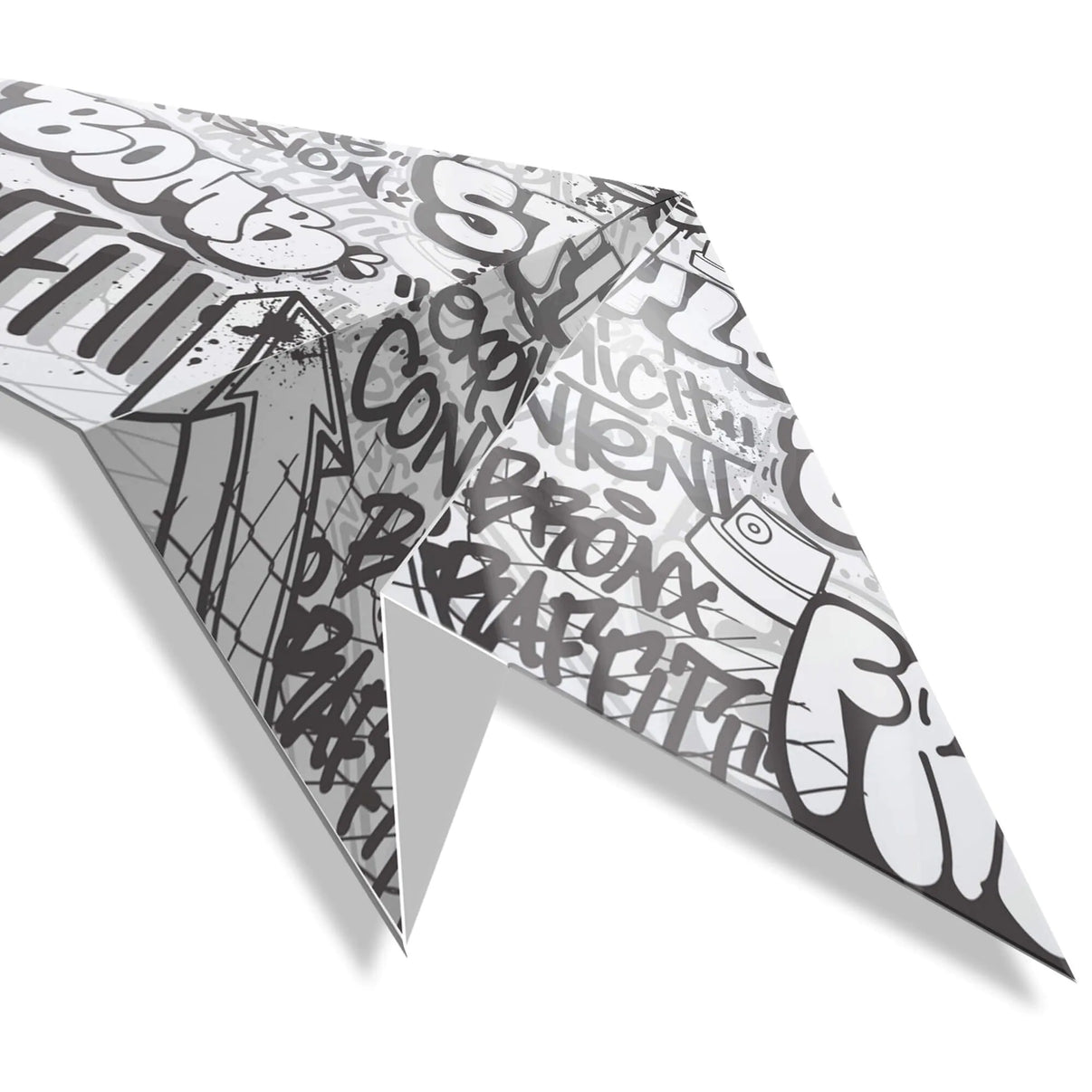 Detailansicht des Acrylgemälde Papierflugzeug - modernes Graffiti Design aus glänzendem Methacrylat, zeigt das kunstvolle Schriftmotiv und die polierte Oberfläche, 70 x 33 cm.
