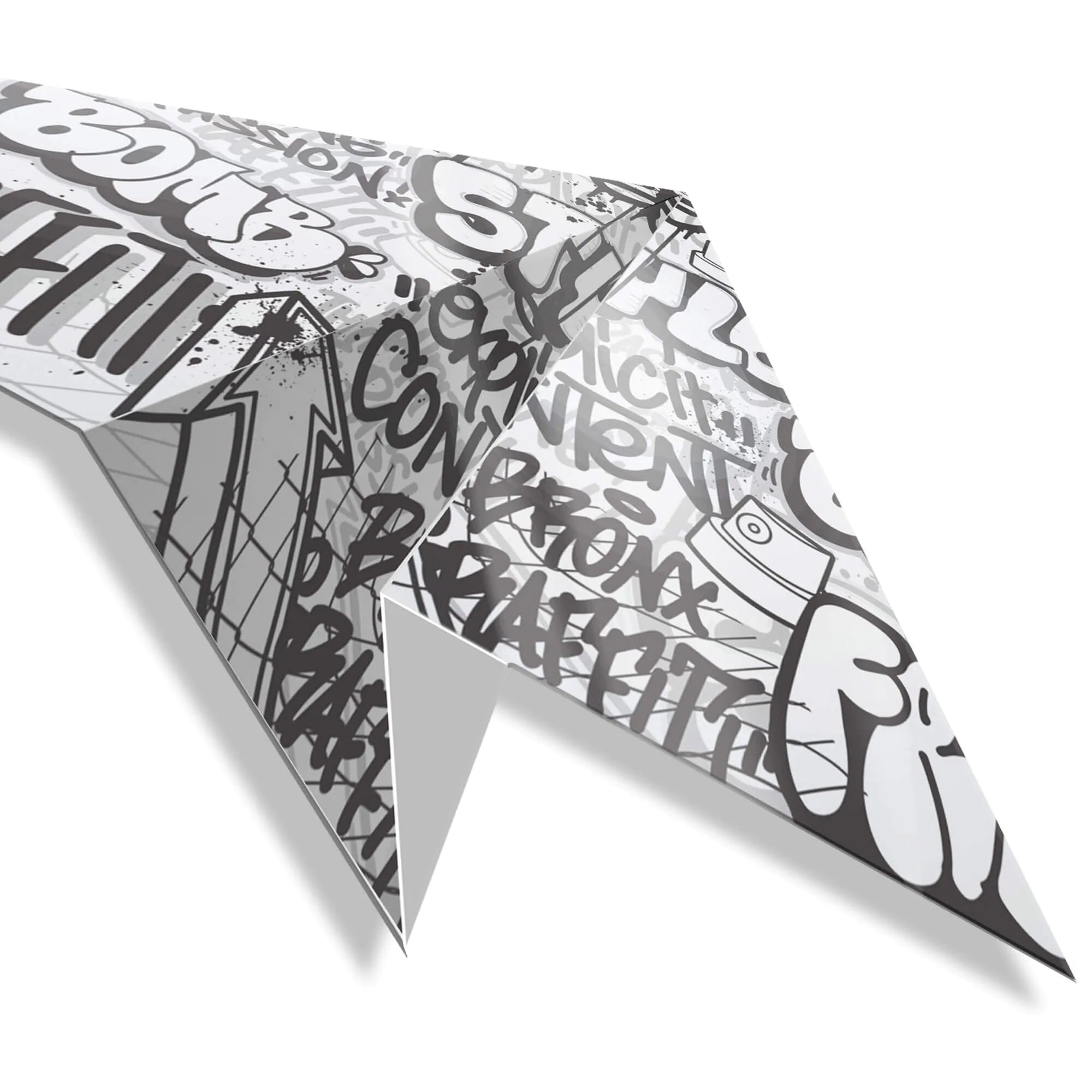 Detailansicht des Acrylgemälde Papierflugzeug - modernes Graffiti Design aus glänzendem Methacrylat, zeigt das kunstvolle Schriftmotiv und die polierte Oberfläche, 70 x 33 cm.