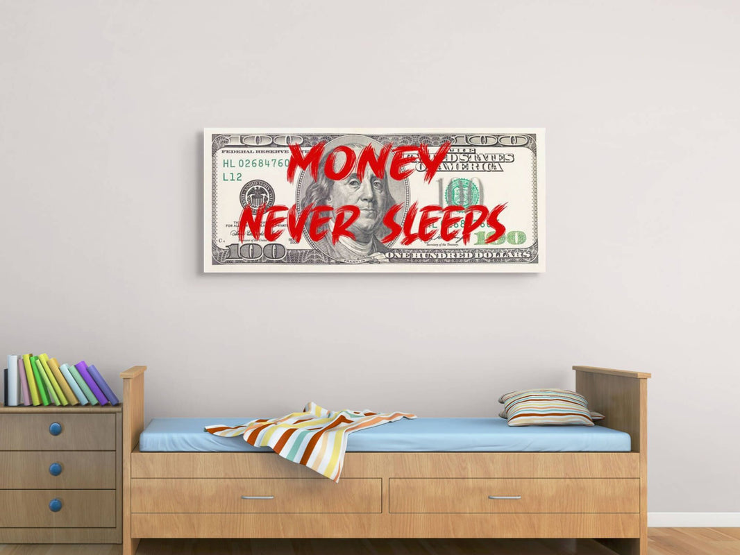 Detailansicht des Acrylgemäldes 'Geld schläft nie', 50 x 117 cm, das modernes Design und künstlerische Exzellenz vereint, hergestellt in Italien.