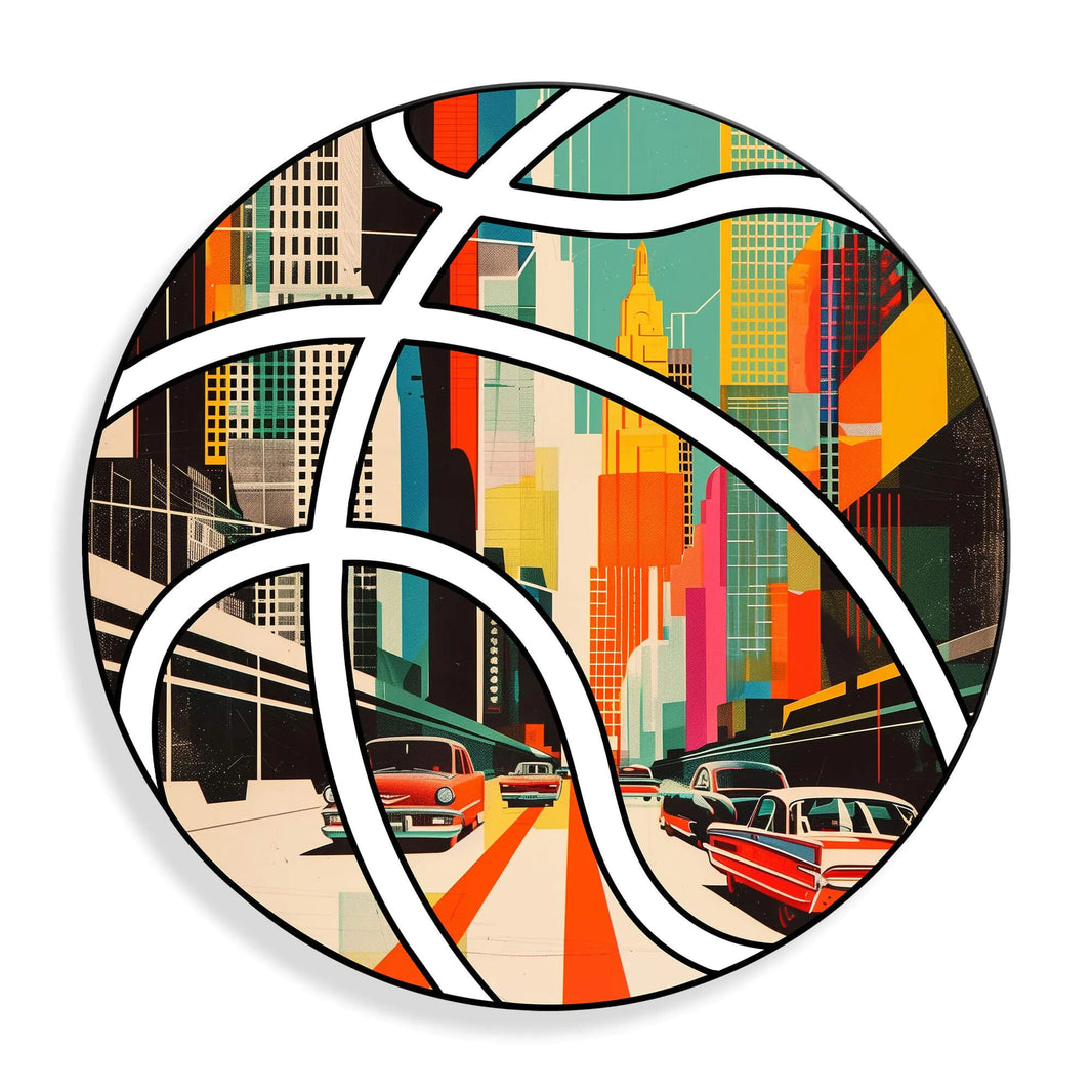 Acrylgemälde Stadt im Basketball – Modernes Design auf glänzendem Methacrylat, ideal für außergewöhnliche Dekoration.