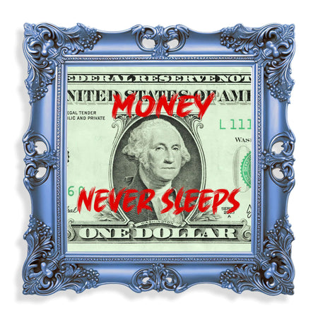 Modernes Acrylgemälde 'Geld Schläft Nie' von Paolo & Edgar – Grünes Methacrylat mit Zertifikat Made in Italy, stilvolles Design und lebendige Farben für Ihr Zuhause.