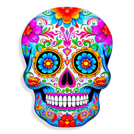 Detailansicht des Acrylgemäldes Mexikanischer Schädel auf glänzendem Methacrylat mit lebendigen Farben, ergänzt durch ein italienisches Zertifikat.