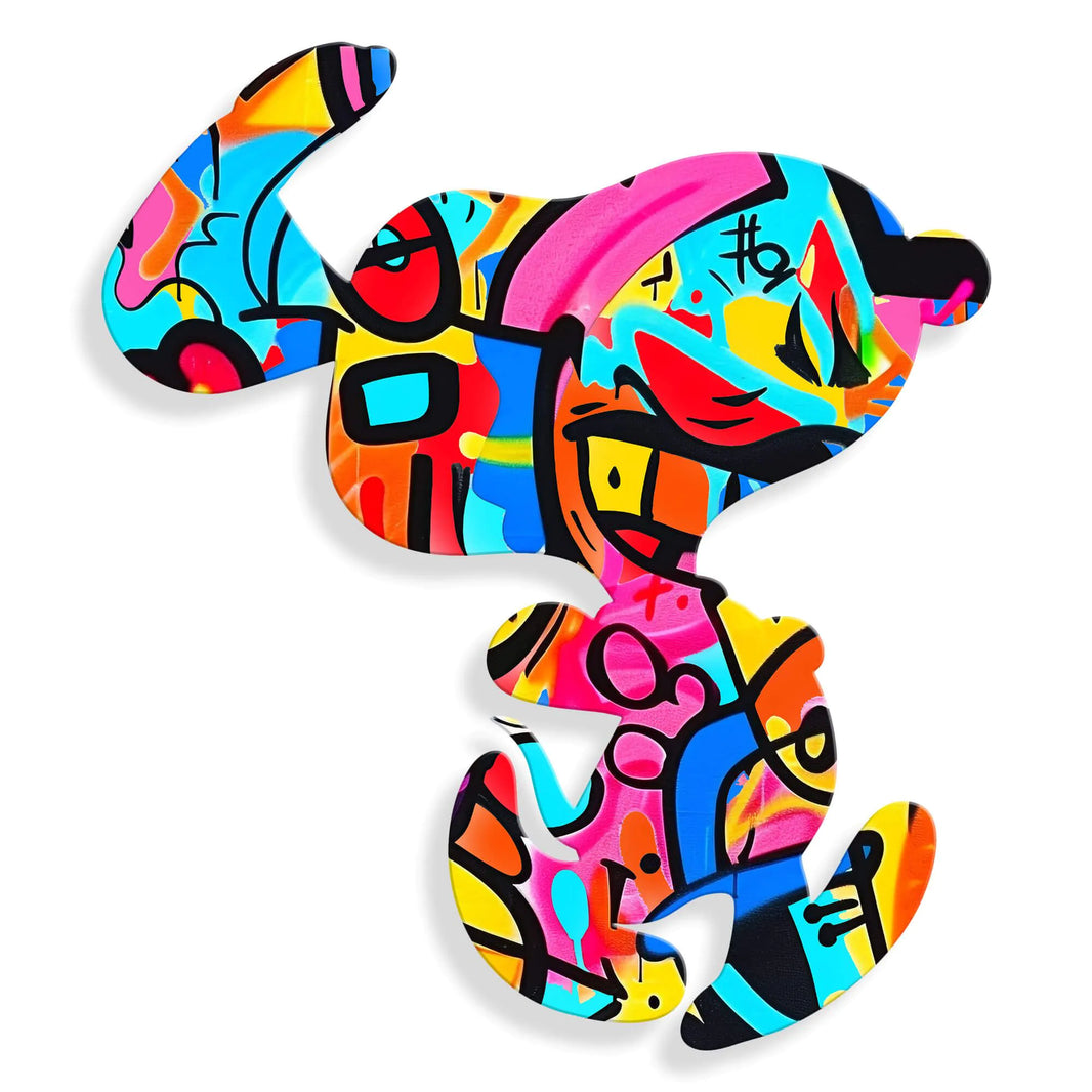 Acrylgemälde Happy Dog Graffiti 2 - lebendige Farben des fröhlichen Hundes in modernem Graffiti-Stil, ideal für Tierliebhaber und Kunstenthusiasten, Größe 55 x 48 cm.