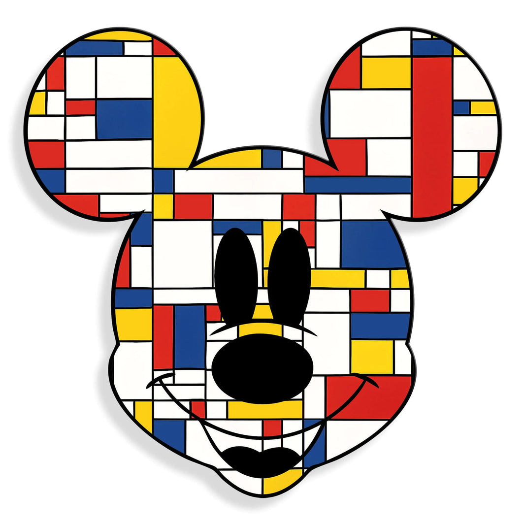 Acrylgemälde Mondrymouse – Modernes Figurenkunstwerk auf poliertem Methacrylat, das lebendige Farben und klaren Design präsentiert.