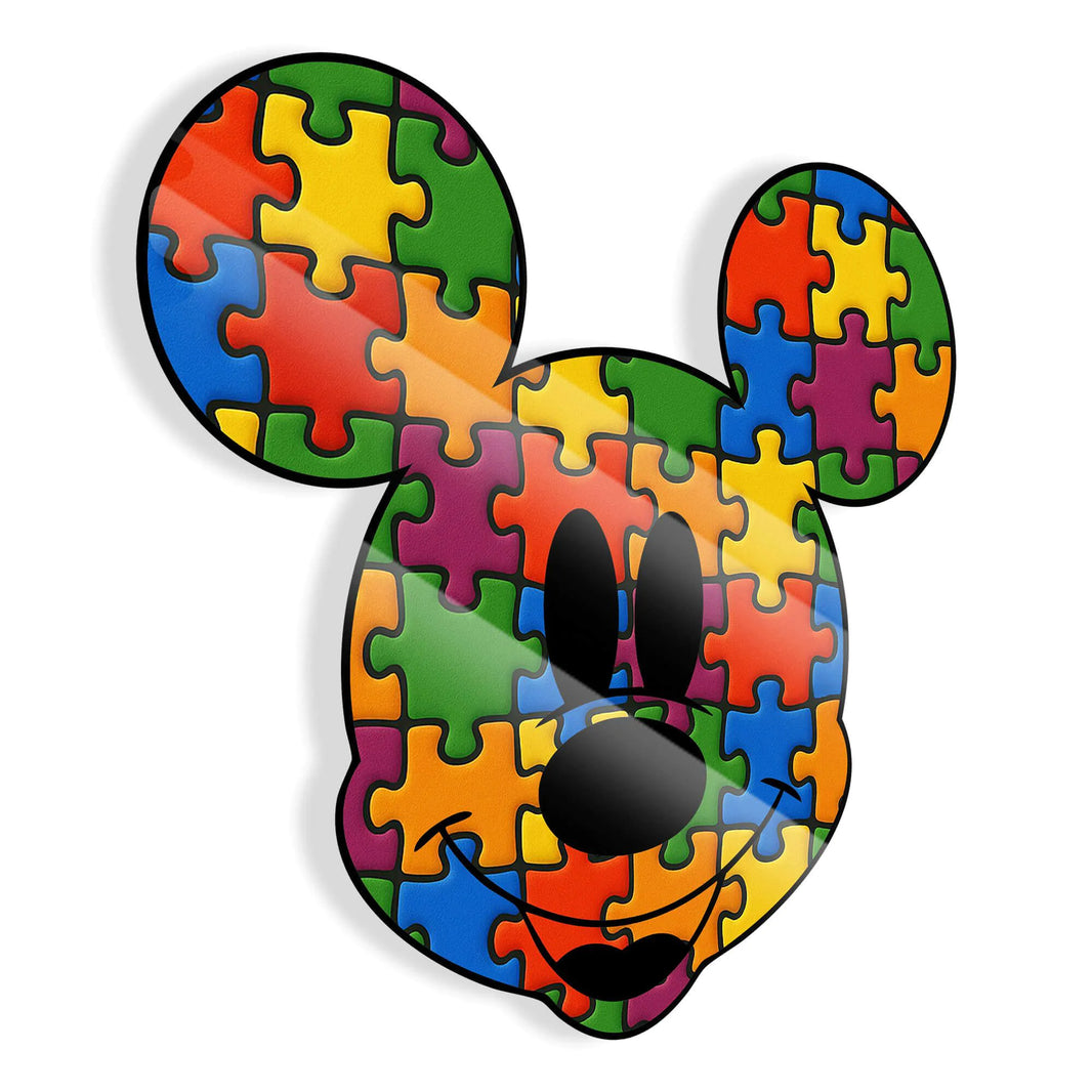 Nahaufnahme des Acrylgemäldes Puzzlemouse, das die lebendigen Farben und die einzigartige Technik des polierten Methacrylats zeigt.