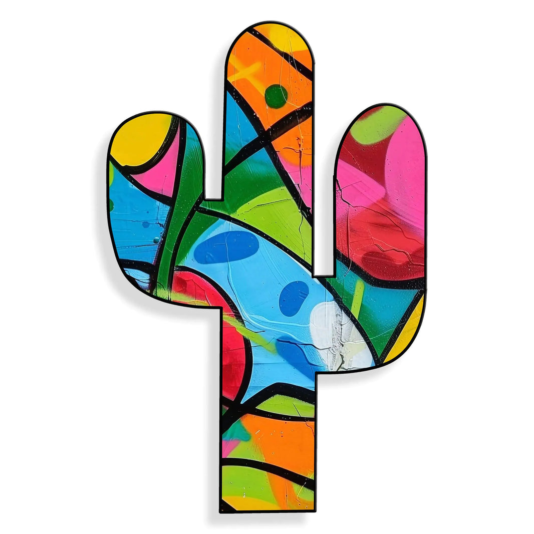 Detailansicht des Acrylgemäldes Kaktus Graffiti 3, präsentiert auf einem polierten Panel mit einem innovativen Hochglanz-Finish, perfekt für Kunstliebhaber.