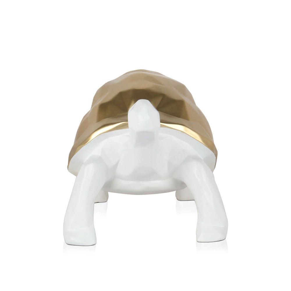 Facettierte Goldene Schildkröte – Moderne Harzskulptur mit Metalleffekt, Darstellung der Vorderansicht und der einzigartigen Form.