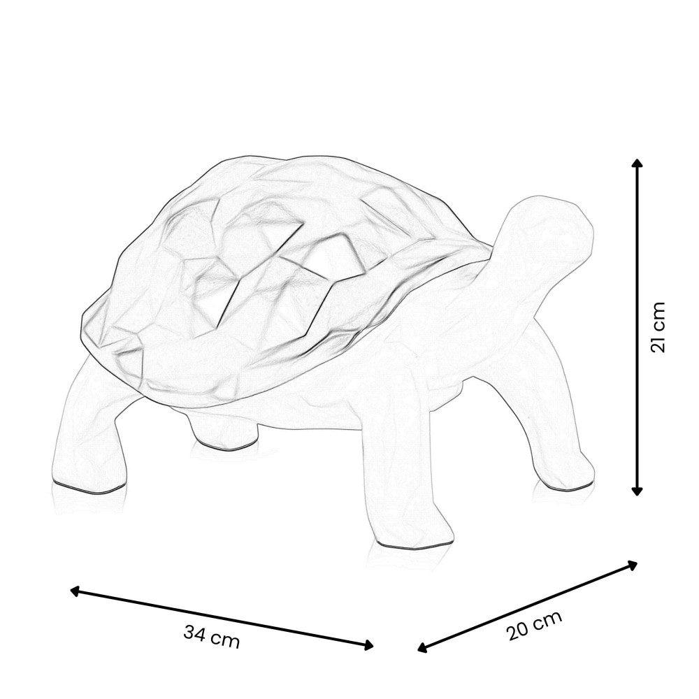 Facettierte Goldene Schildkröte – Moderne Harzskulptur mit Metalleffekt, technische Zeichnung mit Maßen: 34 cm x 20 cm x 21 cm.