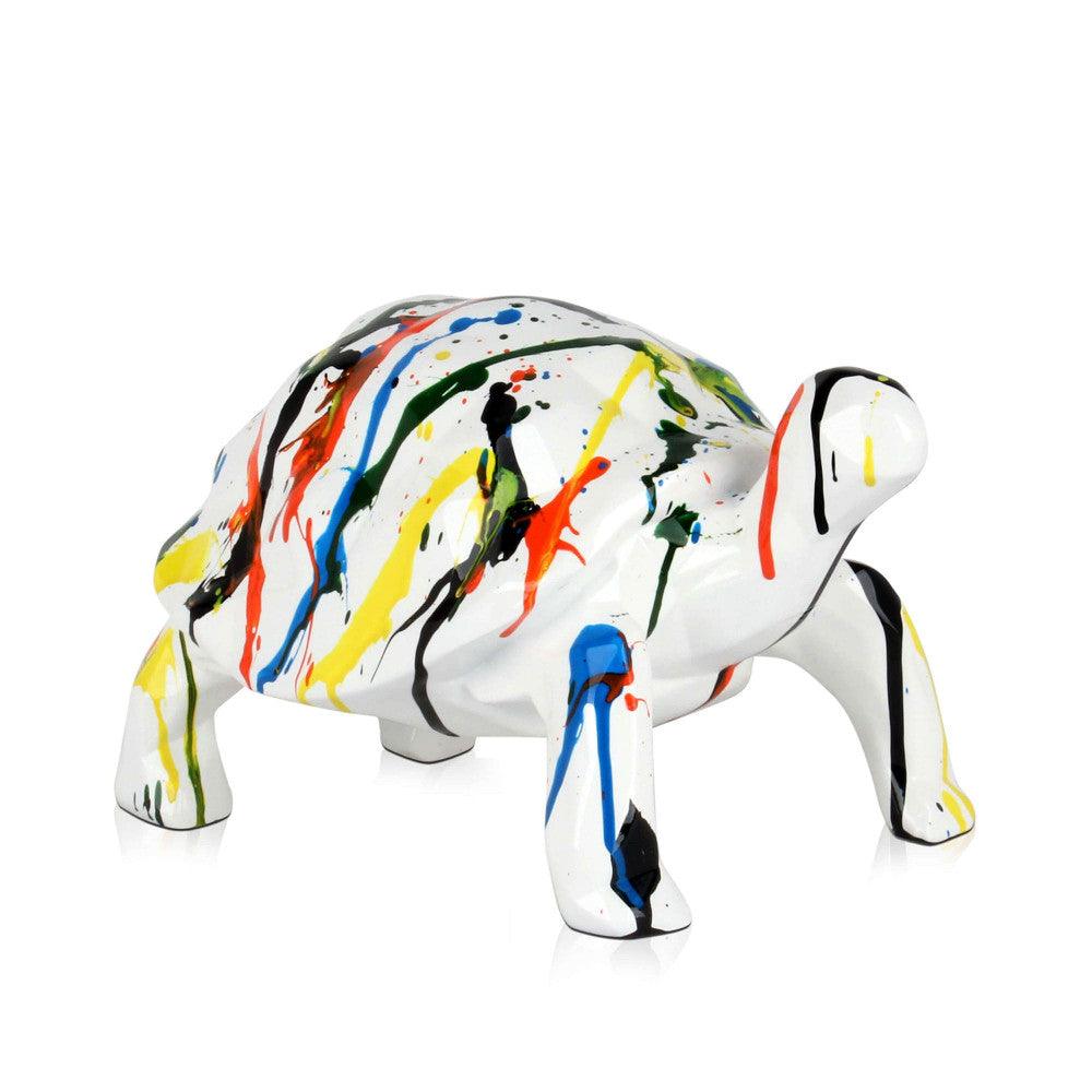 Facettierte mehrfarbige Schildkröte Skulptur aus hochwertigem Kunstharz in lebendigen Farben, präsentiert auf einem weißen Hintergrund. Diese dekorative Skulptur kombiniert modernes Design mit einzigartiger Handwerkskunst und eignet sich ideal für verschiedene Wohnstile.