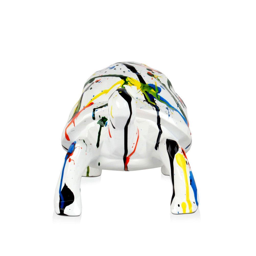 Facettierte Mehrfarbige Schildkröte Skulptur aus Hochwertigem Kunstharz, Draufsicht mit spritzenden Farben, die ein kreatives Designelement darstellen.