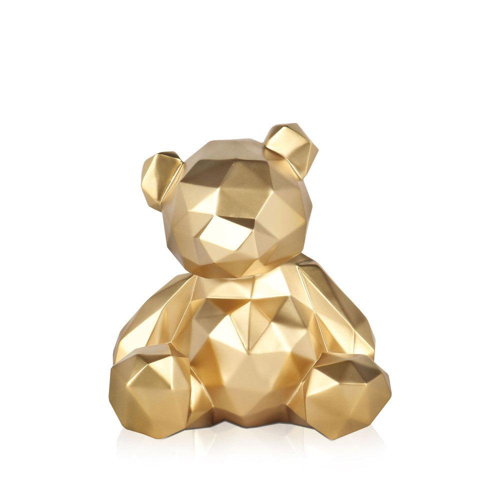 Facettierter goldfarbener Teddybär – Exquisite Kunstharzskulptur mit Metalleffekt, abgebildet in einer eleganten aufrechten Position, zeigt die glatte facettierte Oberfläche und das moderne Design.