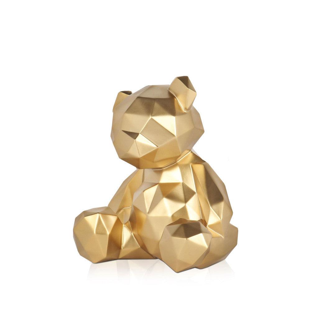 Facettierter goldfarbener Teddybär – Exquisite Kunstharzskulptur mit Metalleffekt, präsentiert seitlich mit Blick auf die einzigartige Form und den schönen Lichtreflexionen der facettierten Oberfläche.
