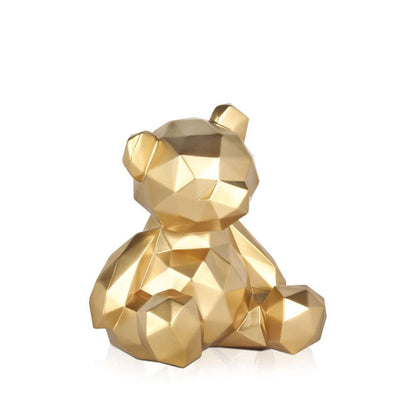 Facettierter goldfarbener Teddybär – Exquisite Kunstharzskulptur mit Metalleffekt, modern und elegant, in geometrischem Design.