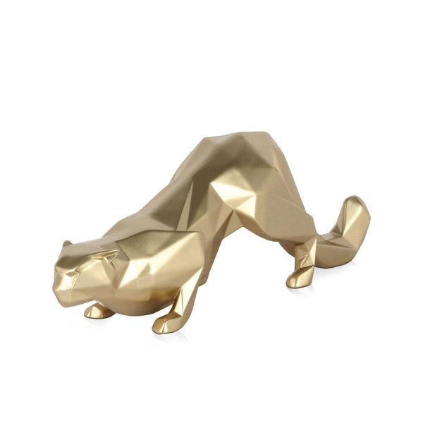 Facettierter Leopard gold. Moderne Skulptur aus Harz, Metalleffekt. 15 x 43 x 11 cm - Designerobjekte.com