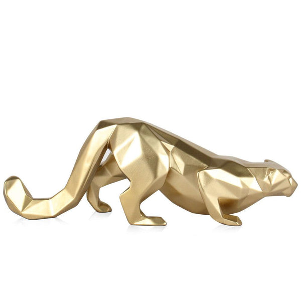 Facettierter Leopard gold. Moderne Skulptur aus Harz, Metalleffekt. 15 x 43 x 11 cm - Designerobjekte.com