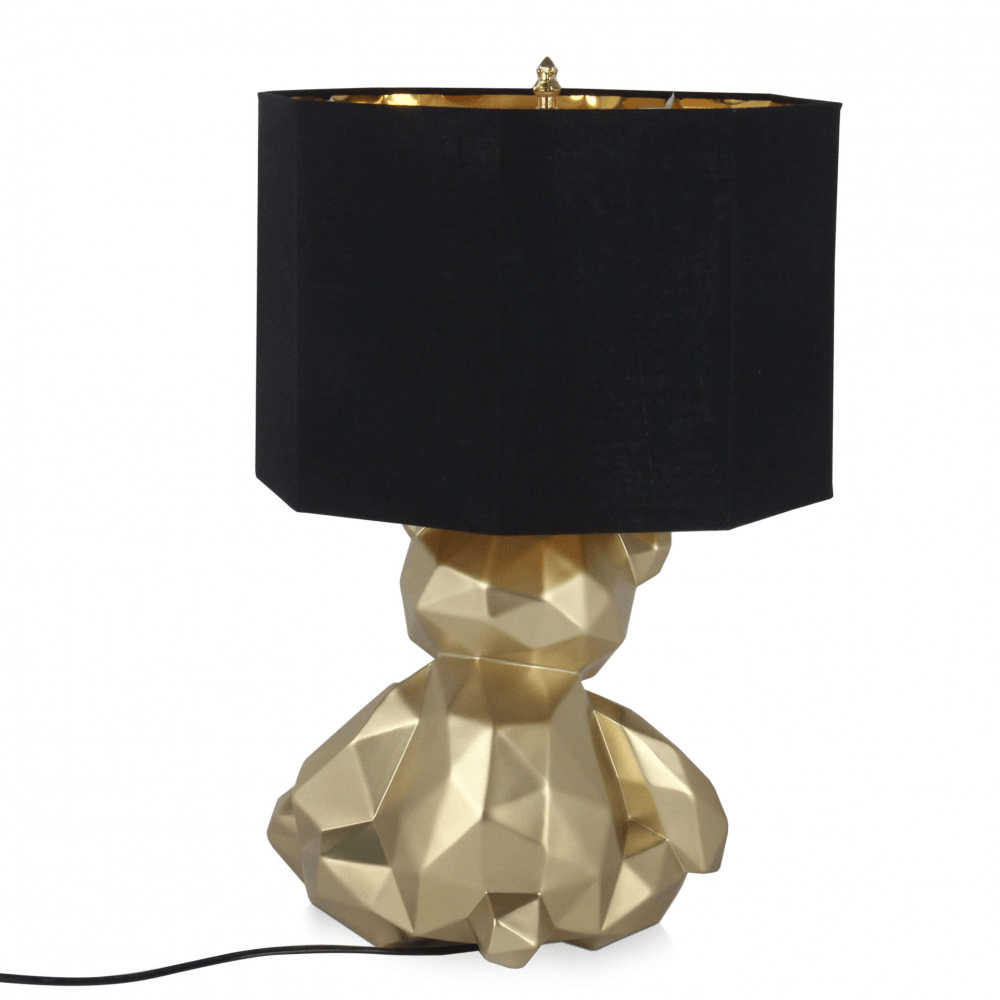 Facettierte Goldene Bärchen Tischlampe – Moderne Harzskulptur mit Metalleffekt, mit schwarzem Lampenschirm und einzigartigem Design, ideal für Wohnräume.