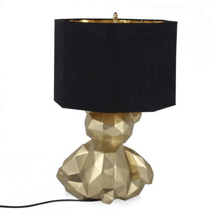 Facettierte Goldene Bärchen Tischlampe – Moderne Harzskulptur mit Metalleffekt, mit schwarzem Lampenschirm und einzigartigem Design, ideal für Wohnräume.