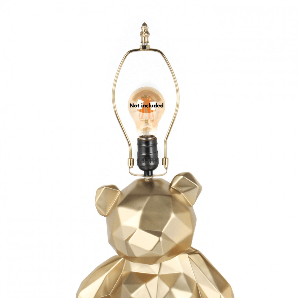 Facettierte Goldene Bärchen Tischlampe – Moderne Harzskulptur mit Metalleffekt, Detailansicht des Lampensockels und Lampenfassung.