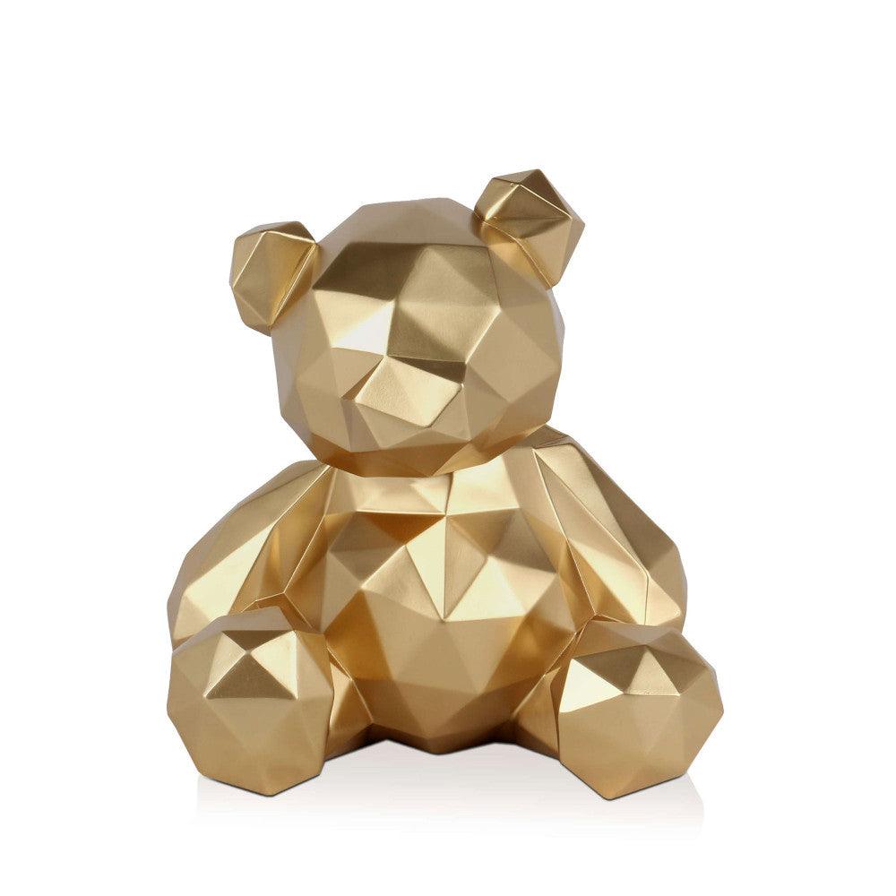Facettierte Bärchen-Skulptur aus hochwertigem Harz mit Metalleffekt, in goldener Farbe, zeigt kreative geometrische Formen und eine glänzende Oberfläche.