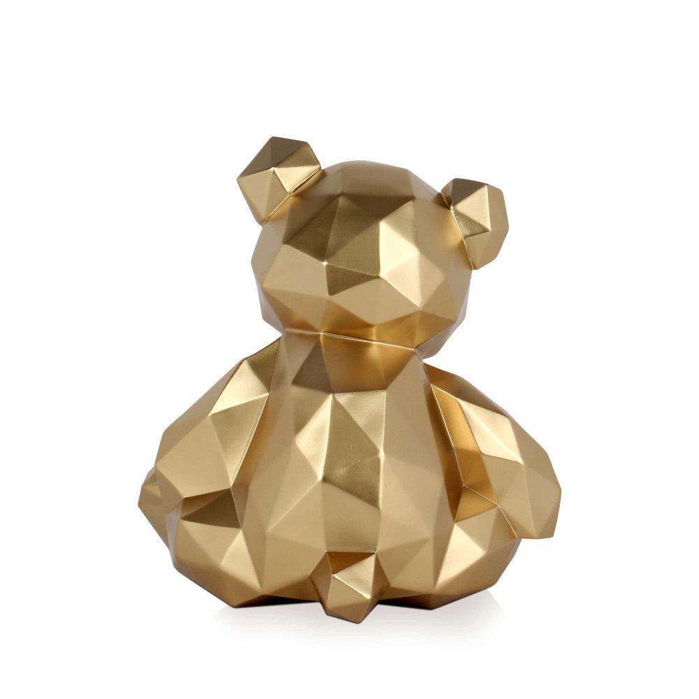 Facettierte Bärchen-Skulptur aus hochwertigem Harz mit Metalleffekt, von hinten betrachtet, hebt das innovative Design und den Metalleffekt hervor.