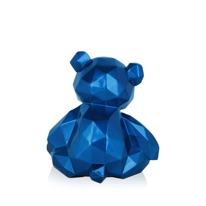 Facettierte blaue Bärchen-Skulptur aus Kunstharz - Modernes Metalleffekt-Design, Rückansicht, zeigt die markante Gestaltung.