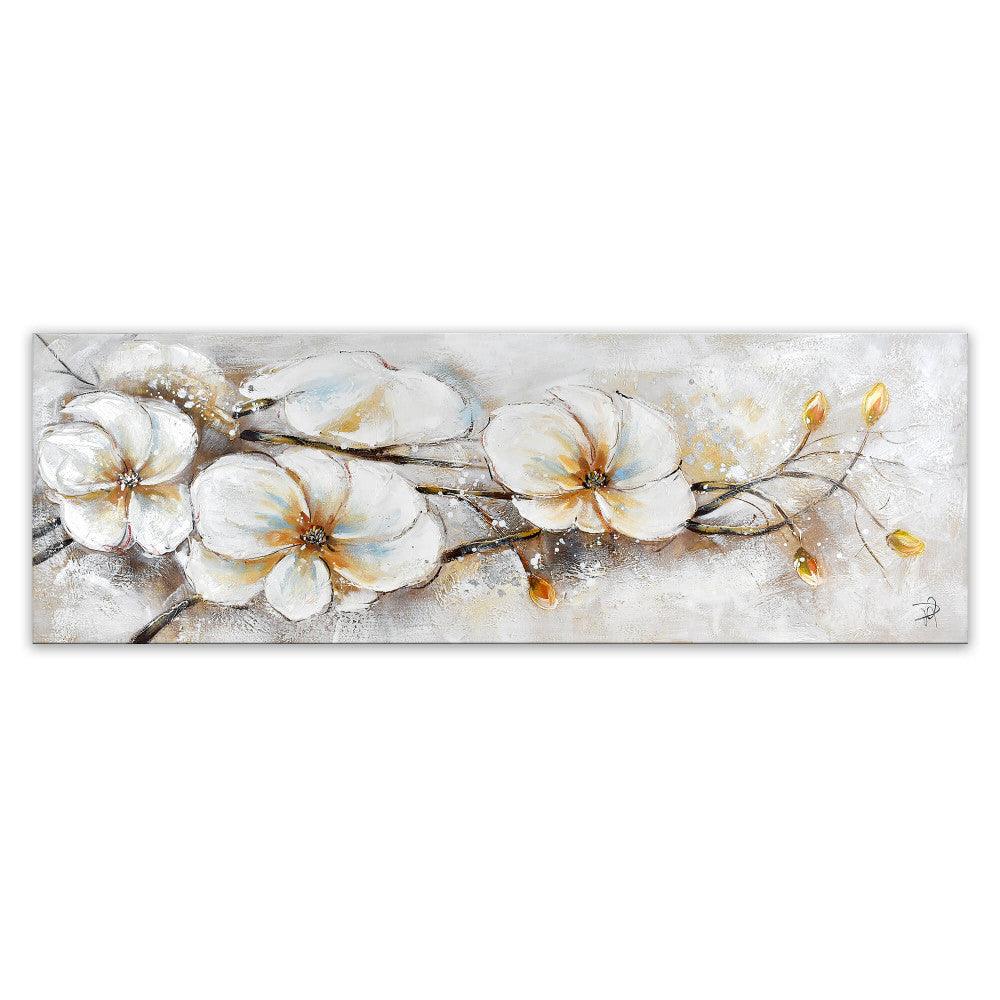 Handgemaltes florales Kunstwerk von Paolo Rossini mit bunten Blumen in harmonischen Pastelltönen auf strahlend weißem Hintergrund, Größe 50 x 150 cm.