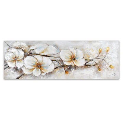 Handgemaltes florales Kunstwerk von Paolo Rossini mit bunten Blumen in harmonischen Pastelltönen auf strahlend weißem Hintergrund, Größe 50 x 150 cm.