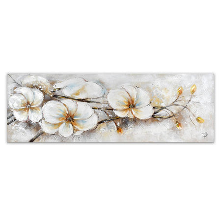 Handgemaltes florales Kunstwerk von Paolo Rossini mit bunten Blumen in harmonischen Pastelltönen auf strahlend weißem Hintergrund, Größe 50 x 150 cm.