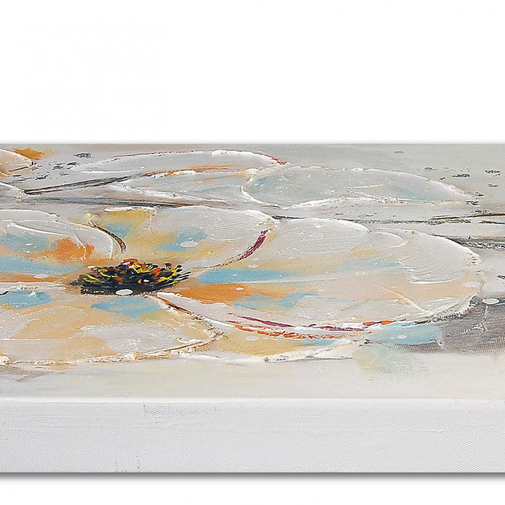 Detailansicht des handgemalten floralen Kunstwerks von Paolo Rossini, das feine Pinselstriche und lebendige Farben der Blumen zeigt, Größe 50 x 150 cm.